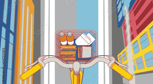 A vibrant first-person view from a bicycle, showcasing a delicious picnic lunch packed in the front basket, cycling through a colorful urban street.