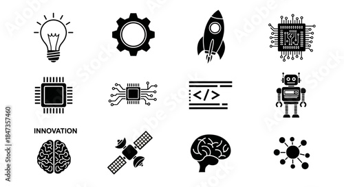 Black icons of technology and innovation.