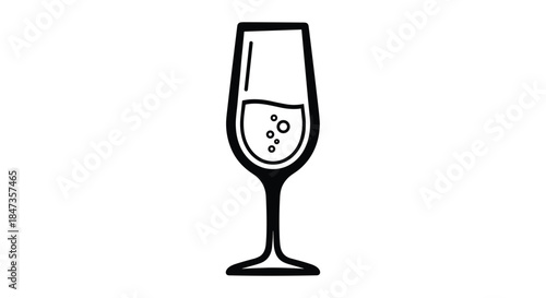 Simple black and white line art icon of a champagne flute with sparkling bubbles, symbolizing celebration, parties, and occasions.