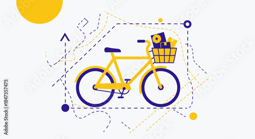 A vibrant yellow bicycle, featuring a basket carrying various items, is illustrated in a modern flat design, representing urban delivery and sustainable transport.