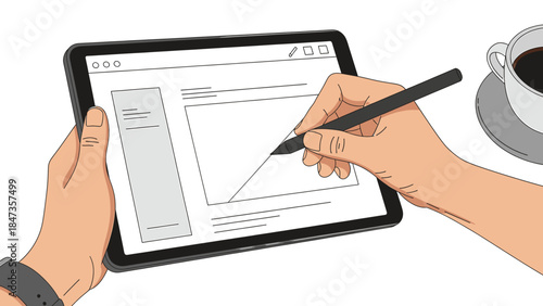 Person designing on digital tablet with stylus in a modern workspace with coffee nearby
