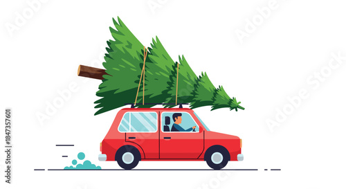 Red retro car driving with a large green Christmas tree tied to the roof rack, a festive illustration for holiday preparations.