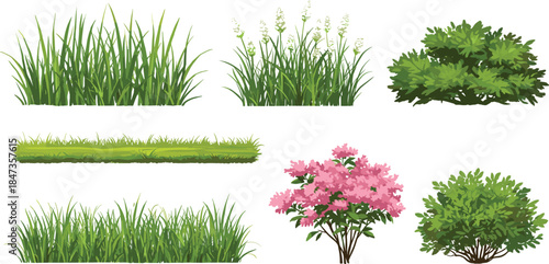 Green grass bush and flower shrub collection for landscape garden design, natural plant foliage set, realistic greenery, cad drawing flat vector illustration