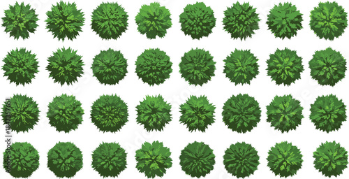 Top view green bush collection for landscape design, realistic foliage vegetation set for garden plan, cad drawing flat vector illustration, nature greenery.