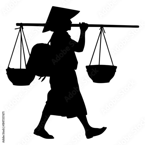 silhouette of a person carrying a yoke containing a basket
