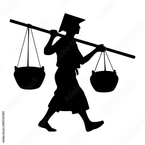 silhouette of a person carrying a yoke containing a basket