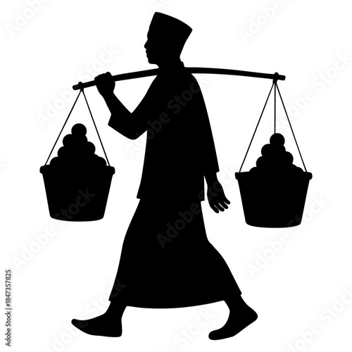 silhouette of a person carrying a yoke containing a basket