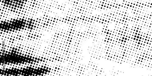 Abstract monochrome halftone texture featuring irregular dot patterns and worn grunge style, inspired by vintage print and newspaper effects.