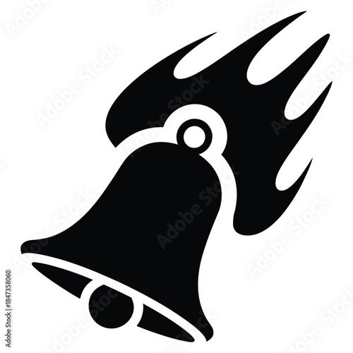 Black silhouette of a ringing bell with flame icon isolated on