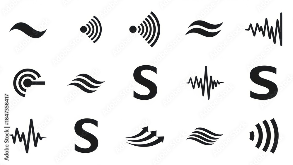 Obraz premium A collection of black and white icons representing sound waves, signals, and the letter S.