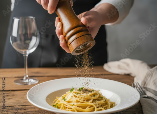 Chef seasoning pasta with pepper mill in a fine dining setting