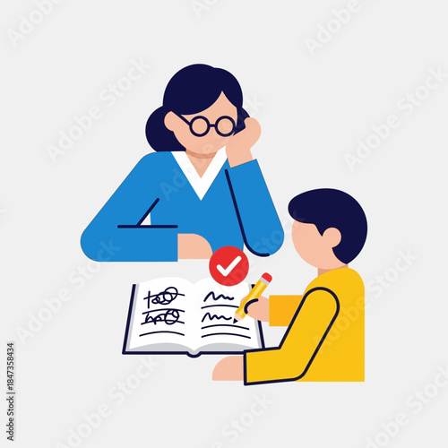 A flat vector illustration of a female teacher or tutor observing a young boy student writing in a book with a checkmark.