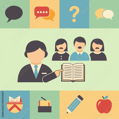 A teacher presenting a book to students in a classroom setting, surrounded by educational icons.