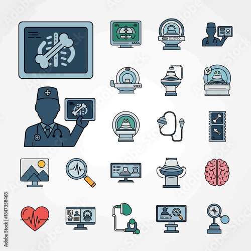 Collection of medical imaging and diagnostic technology icons, including X-rays, MRI, CT scans, doctors, and various healthcare equipment.