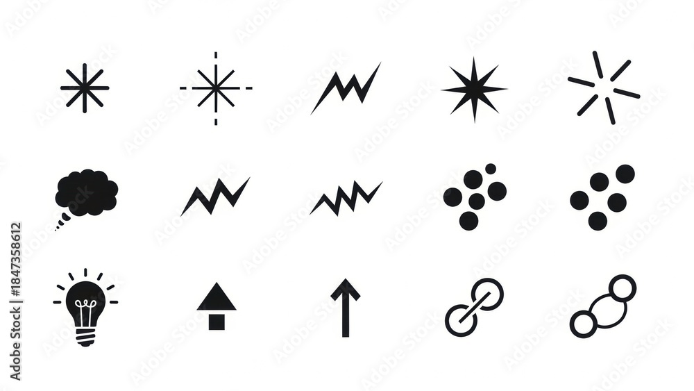 Obraz premium A collection of 15 diverse icons representing abstract concepts, ideas, and symbols, including stars, lightning bolts, thought bubbles, and lightbulbs.