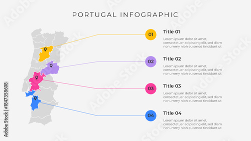 Portugal map infographic template with 4 options. Portugal political map infographic for presentation.