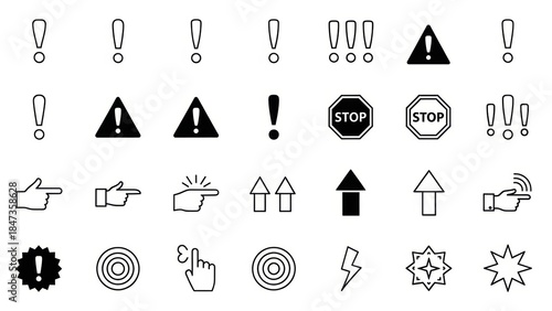 A comprehensive collection of black and white warning, pointer, and arrow icons for various digital interfaces and design projects.