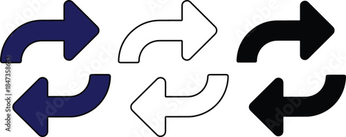 Set of six curved arrows in blue black and white colors pointing in different directions