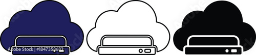 Three cloud storage in blue white and black colors with a server blue cloud white cloud