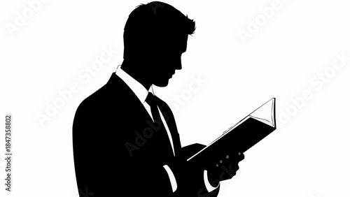 Silhouette of a man in a suit reading a book.