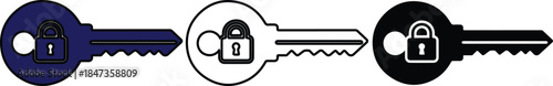 Three keys with padlocks in blue black and white circles on white background