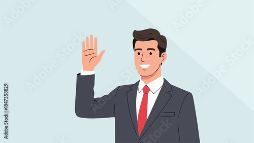 Man in Suit Waving Hello Friendly Greeting.