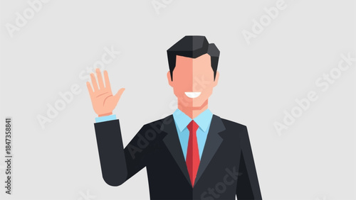Man in Suit Waving Hello Friendly Greeting.