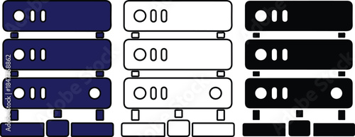Three rows of blue black and white server racks with circular and rectangular circular rectangular rows