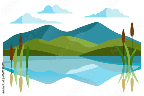 Peaceful Lake Landscape Vector with Reflections and Reeds