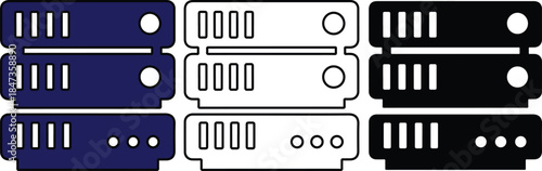Three sets of three server racks in blue black and white with ventilation slots and circular
