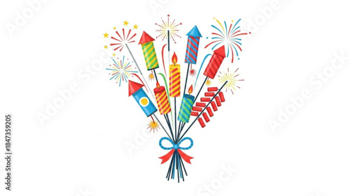 Colorful bouquet of sparklers and fireworks with red, blue, green, and yellow hues on white