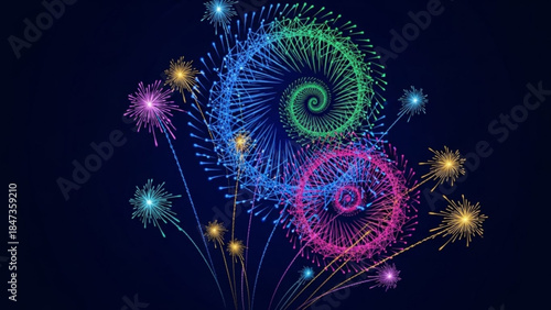 Vibrant colorful fireworks exploding in night sky with spiral patterns