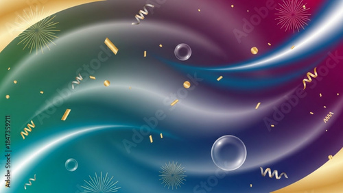 Vibrant abstract celebration background with swirling rainbow colors, confetti, and bubbles