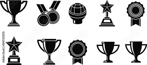 Awards and trophies silhouettes set, winner cups medals stars and badges collection, achievement prize symbols, competition success vector illustration isolated black