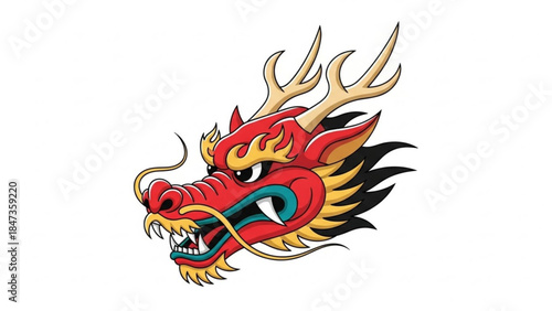 Vibrant red dragon head with yellow horns and flames on white background