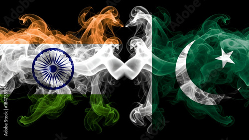 Indian flag smoke formation facing Pakistan flag smoke on dark background showing national identity rivalry tension symbolism diplomacy conflict concept for editorial and commercial visual use