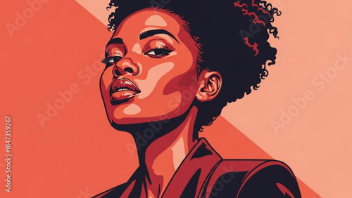 Vibrant illustration of a young black woman with curly hair looking up, red and peach background