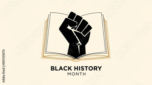 Black history month celebration with raised fist and open book symbol