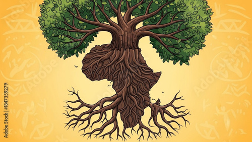 An illustration of a tree with roots and branches forming africa on a yellow background