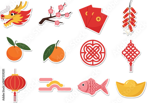Colorful Lunar New Year Stickers Dragon, Oranges, Lantern, and Traditional Symbols