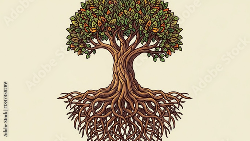 Tree with green leaves and exposed roots on light background