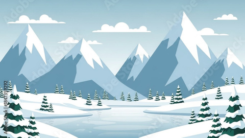 Snowy mountain landscape with frozen lake and evergreen trees under blue sky