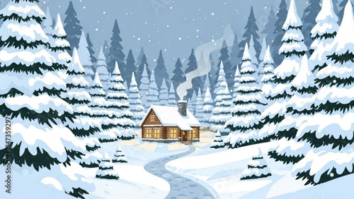 Cozy wooden cabin with smoke rising from chimney, nestled among snow covered trees on a snowy