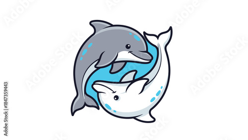 Cute Dolphin Pair Cartoon Illustration – Playful Sea Animals Yin Yang Style Design