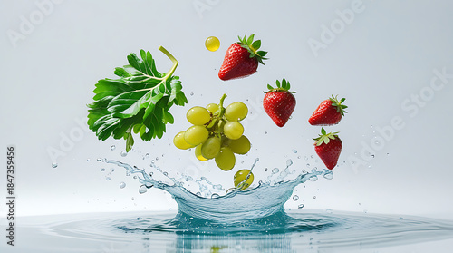 Fototapeta Naklejka Na Ścianę i Meble -  Fresh fruits and leaf splashing into water strawberries