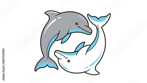 Cute Dolphin Pair Cartoon Illustration – Playful Sea Animals Yin Yang Style Design