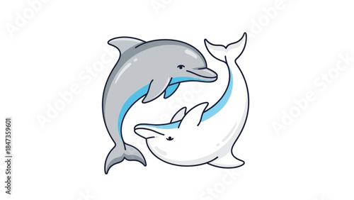 Cute Dolphin Pair Cartoon Illustration – Playful Sea Animals Yin Yang Style Design