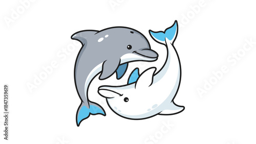 Cute Dolphin Pair Cartoon Illustration – Playful Sea Animals Yin Yang Style Design