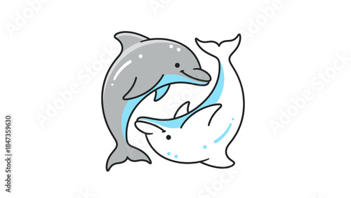 Cute Dolphin Pair Cartoon Illustration – Playful Sea Animals Yin Yang Style Design