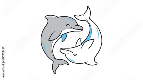 Cute Dolphin Pair Cartoon Illustration – Playful Sea Animals Yin Yang Style Design
